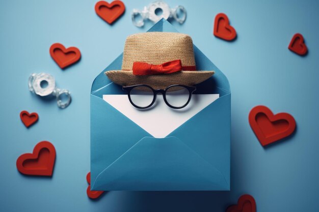 Photo blue envelope with hat and glasses inside