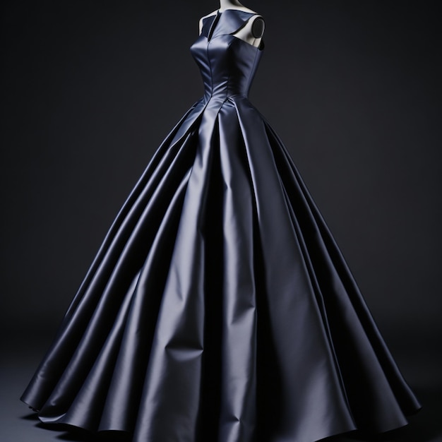 Blue evening dress on mannequin on dark background