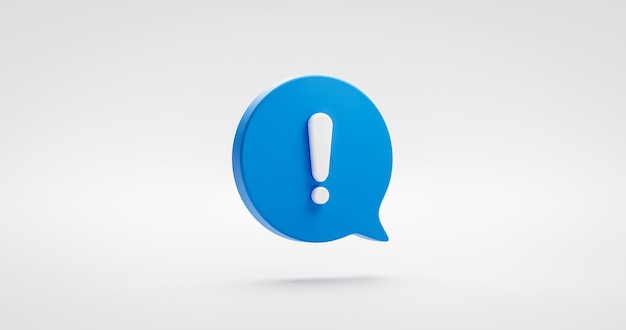 사진 파란색 느낌표 아이콘 기호 또는 주의 주의 표시 그림 그래픽 요소 기호 경고 문제 오류 메시지 버튼 디자인 개념 흰색 배경에 고립. 3d 렌더링.