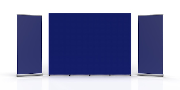 Foto blue exhibition fabric wall banner panno espositore dritto isolato su uno sfondo bianco