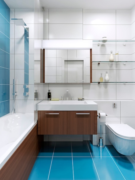 빛나는 타일이있는 파란색 비싼 욕실