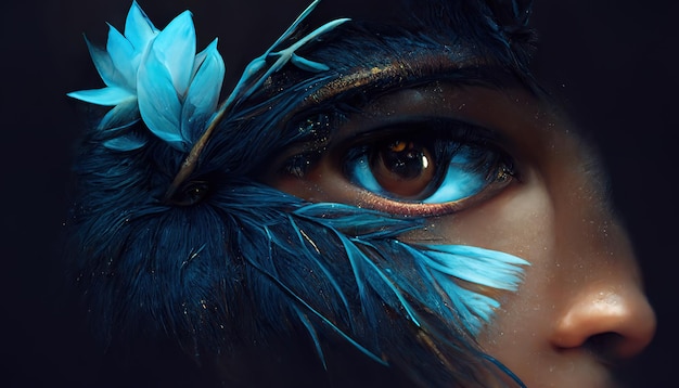 Blue eye anime indian Closeup Around this portrait is a wreath. 3d rendering. Raster illustration