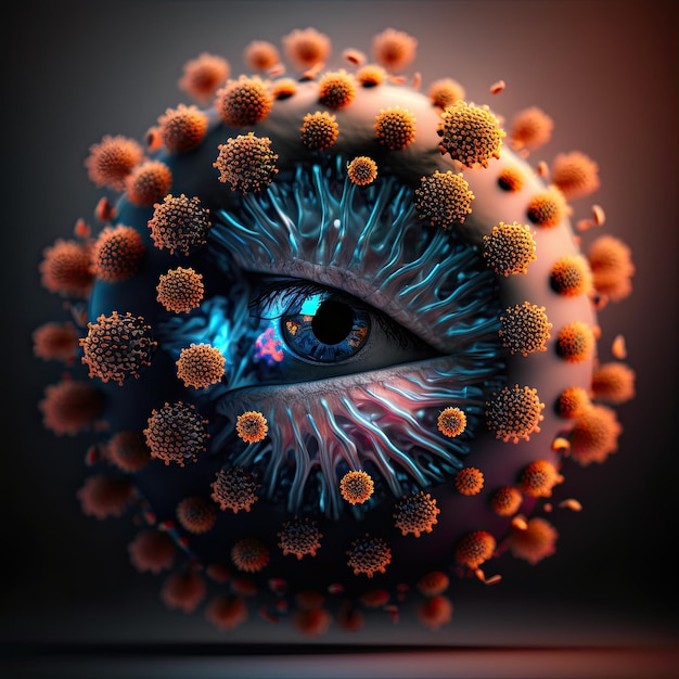 파란 눈은 코로나 바이러스에 둘러싸여 있습니다.