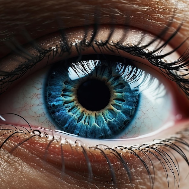 Blue Eye Macro Fotografie van prachtige blauwe iris met gedetailleerde pupil en lens