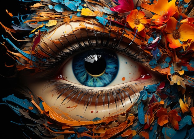 Blue eye in the splashes of colors leaves and flowers Close up Artistic image Generative AI