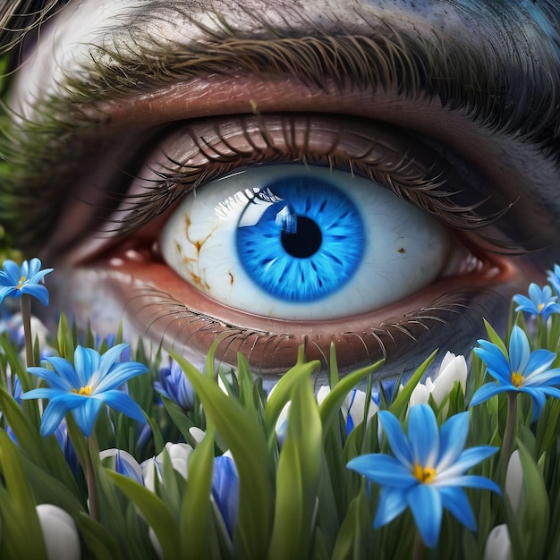 春の花の庭の青い目