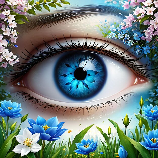 Blue eye in spring flower garden