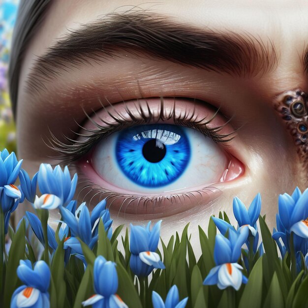 Blue eye in spring flower garden