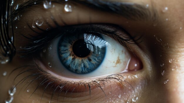 Photo blue eye with drops a narrativedriven visual storytelling in dark azure and light amber