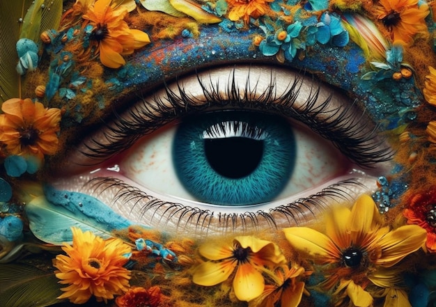 A blue eye with flowers on it is surrounded by flowers.