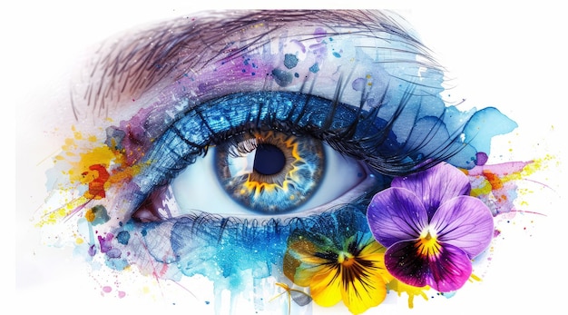 Blue eye with flowers on white background