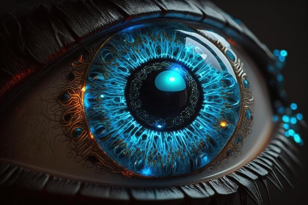 A blue eye with a gold design.