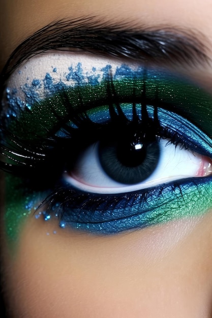 A blue eye with green and blue makeup