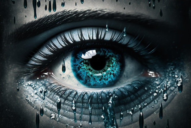 A blue eye with tears on it