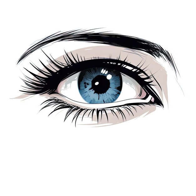 Голубой глаз с толстыми ресницами Ручной рисунок Мода Красота Скетч Глядящий Ирис лица человека
