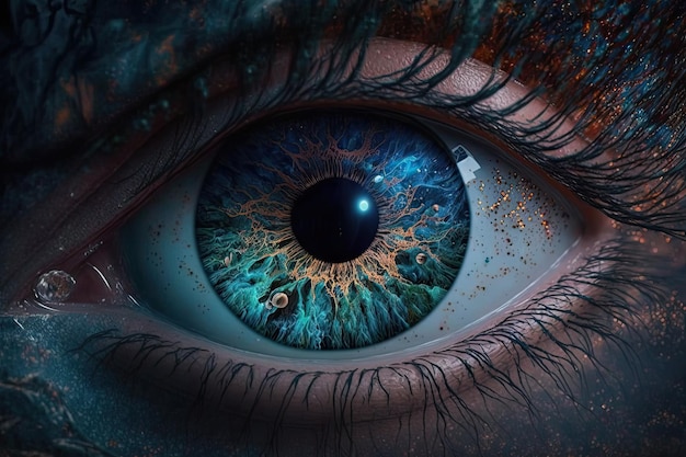 A blue eye with the word'the eye'on it