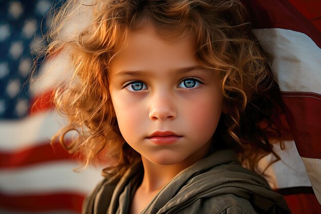 Blue eyed child of four or five years old against the background of the american flag usa