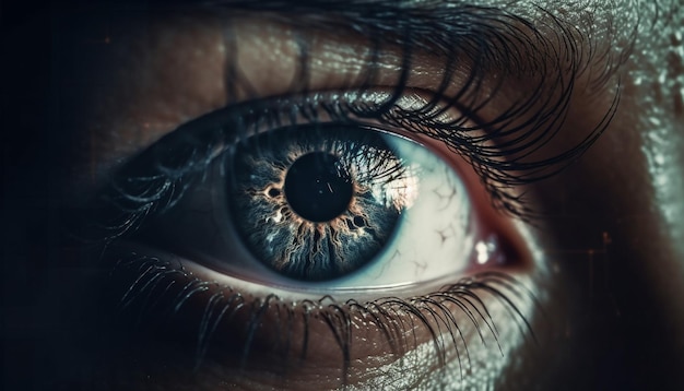 AI によって生成されたクローズ アップでカメラを見つめる青い目の女性