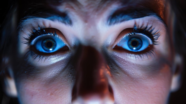 Foto gli occhi blu guardano la telecamera con paura la persona è in una stanza buia e la luce brilla sul loro viso