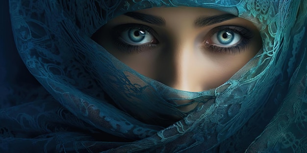 배경에 베일을 쓴 파란 눈의 이슬람 여성