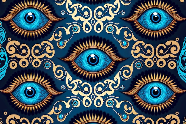 Blue eyes in painting with patterns and ornament in form of amulet against evil eye