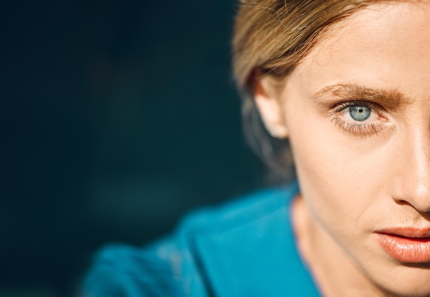 Blue eyes woman or face with vision innovation idea or planning in security humanity or safety Zoom portrait model skin or texture of thinking person on mockup background with memory inspiration