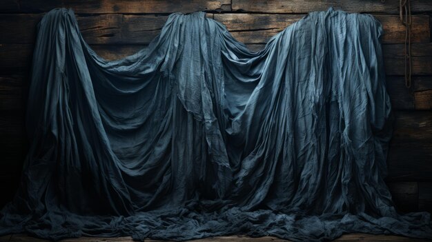 A blue fabric draped over a wooden wall