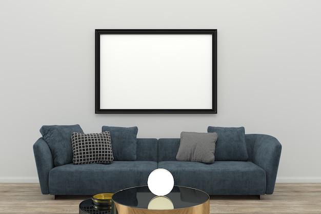 blue fabric sofa photo frame circle lamp living room interior 3d template