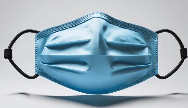 A blue face mask with a black strap