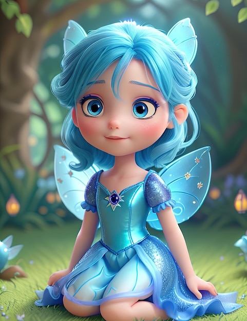 голубая фея мультфильма 3d крылья огни милые голубые волосы