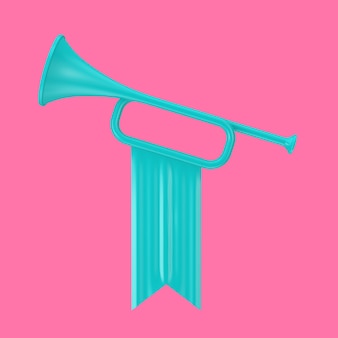 Tromba di fanfara blu con bandiera in stile bicolore su sfondo rosa. rendering 3d
