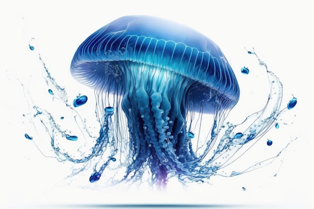 Blue fantastic jellyfish in space with white tentacles isolated on white background created with gen