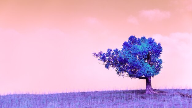 ピンクの空を背景に紫の草と丘の上の青い幻想的な木。赤外線フィルターの創造的な効果。シュールな風景