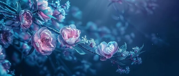 Blue fantasy creative branch with peonies and sakuras