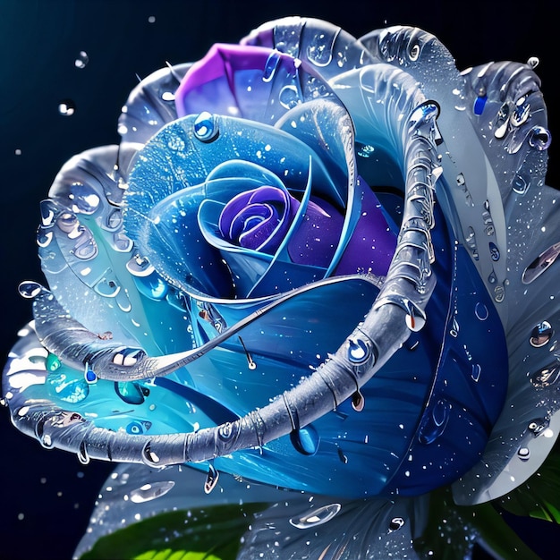 Blue Fantasy Magick Crystal Rose With Water Splashes And Diamond Wallpaper Background