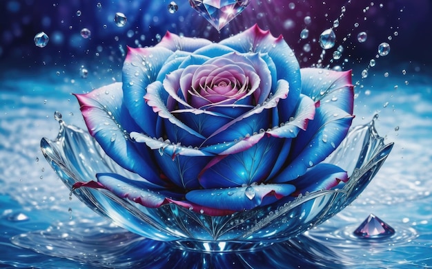 青い魔法のクリスタルローズ 水のスプラッシュとダイヤモンドの壁紙の背景