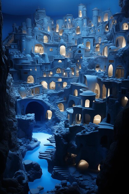 Blue fantasy underground city negative space