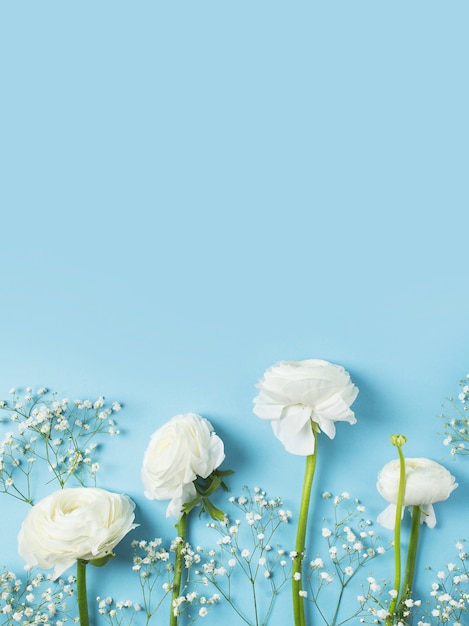 Blue fashion, flowers flat lay background