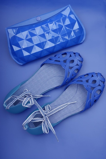 Blue fashionable shoes and a handbag on a blue background