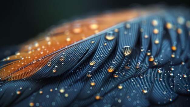 Photo blue feather with water droplets