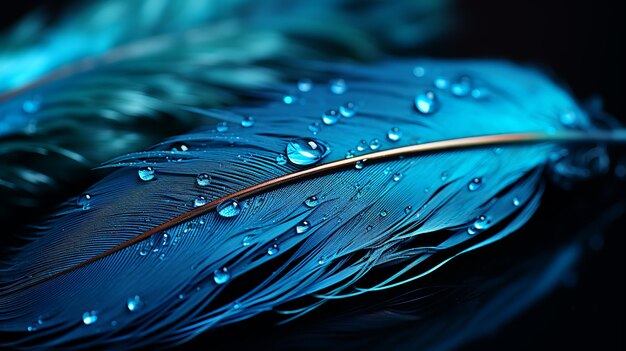 Photo blue feather with water drops close up macro photo with shallow depth of field