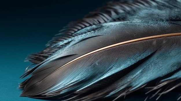 A blue feather with white feathers on a dark backgroundgenerative ai