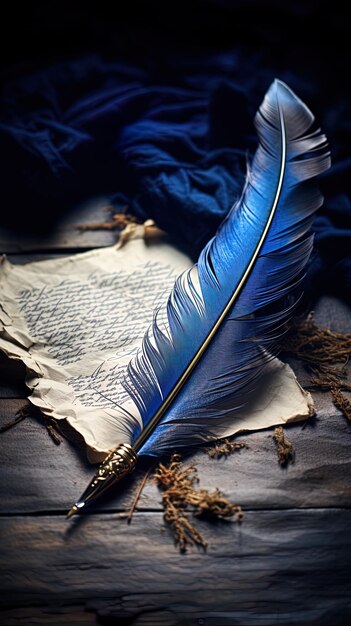 Photo a blue feather with the word  written on it