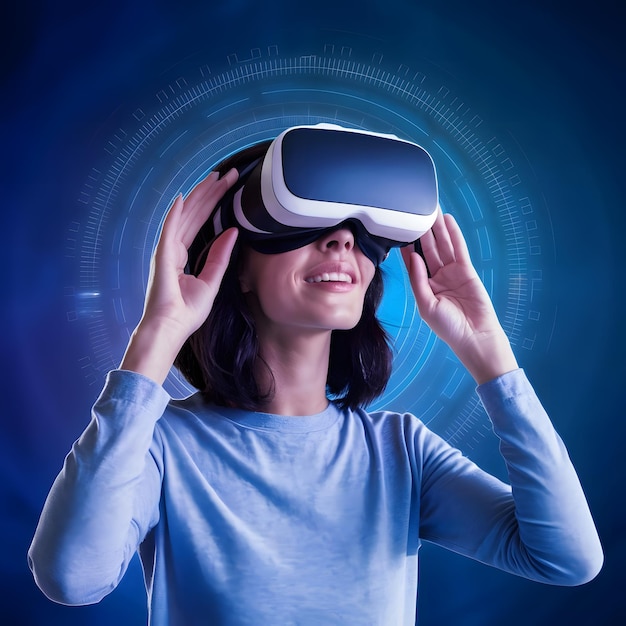 blue female cyber with neon pink meta verse loading text goggles on geometric dark background