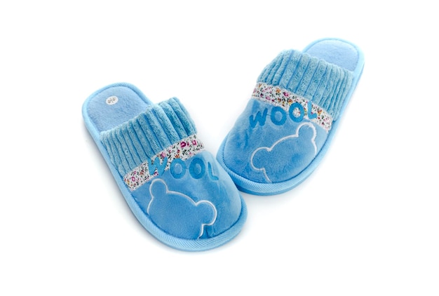 The blue female slippers on a white background