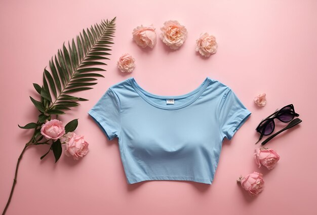 Photo blue female tshirt on a pink background