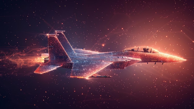 Photo a blue fighter jet in flight from abstract polygonal points low poly fighter in motion lines and connected to form modern illustration