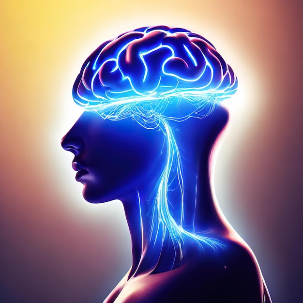 Синий рисунок показывает мозг со словом мозг на нем.