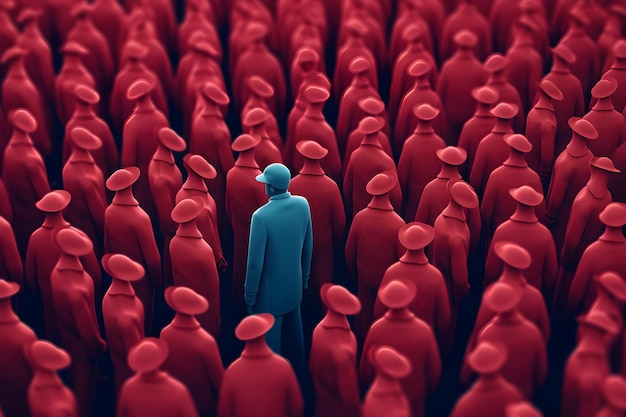 A blue figure stands out in a crowd of red men.