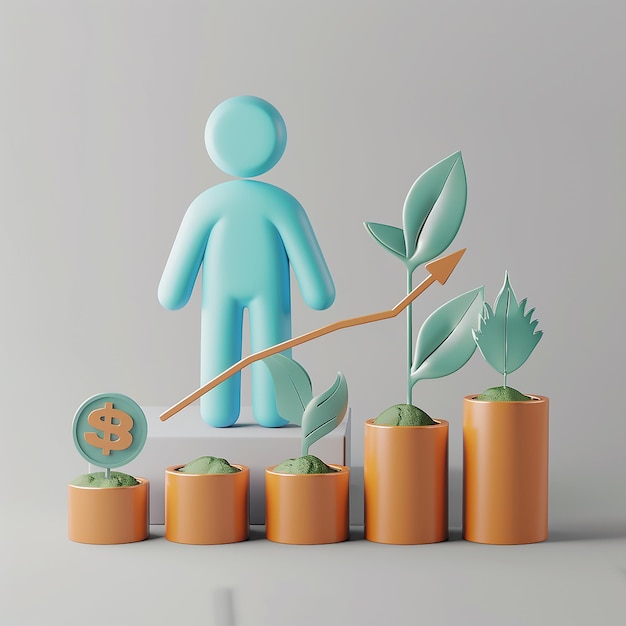 a blue figure with a man standing next to some plants